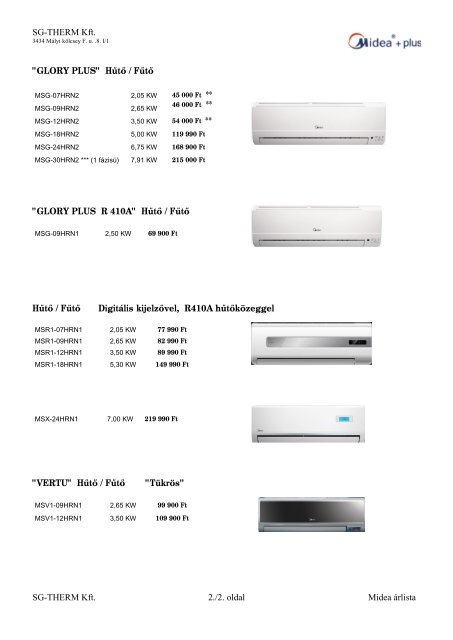 Midea klíma árlista - SG-THERM Kft.