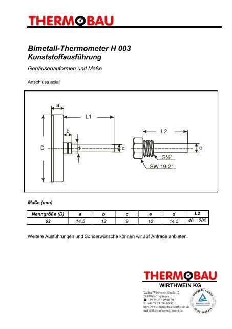 Bimetall-Thermometer H 003 - Thermobau Wirthwein