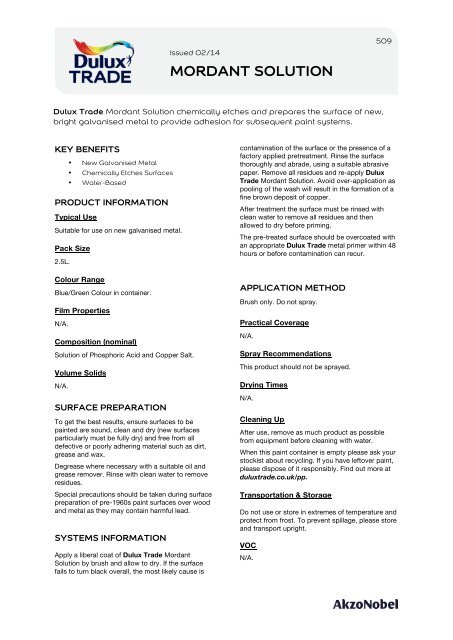 Download PDF datasheet 509 for Dulux Trade Mordant Solution