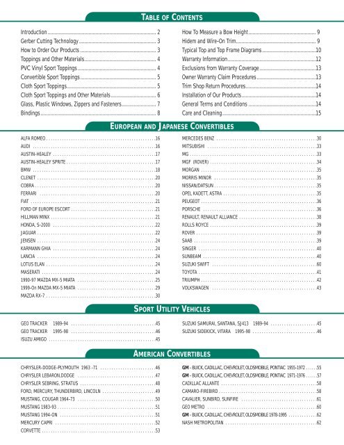 table of contents sport utility vehicles american convertibles