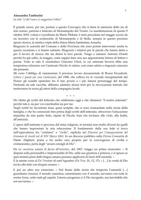 1 Alessandra Tamburini La vita âci dÃ  l'uno e ci suggerisce l'altroâ Ã ...