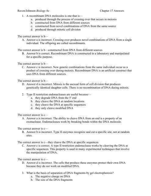 Raven/Johnson Biology 8e Chapter 17 Answers 1. A recombinant ...