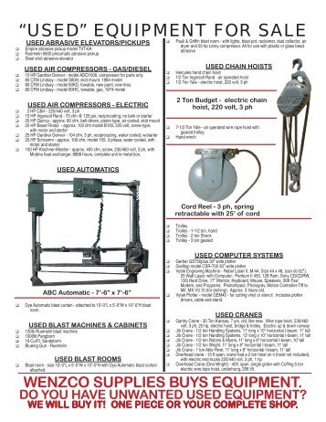 “USED” EQUIPMENT FOR SALE - Wenzco