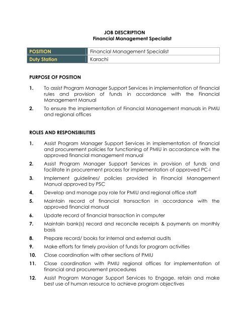 JOB DESCRIPTION Financial Management Specialist POSITION 