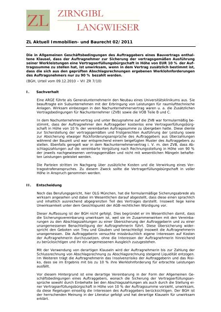 ZL Aktuell Immobilien- und Baurecht 02/2011 - Zirngibl Langwieser