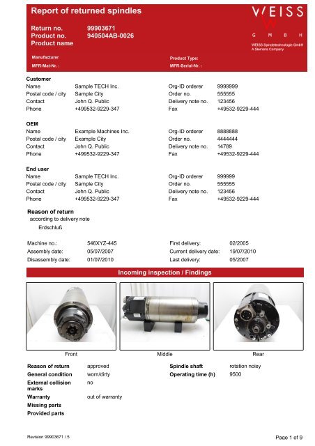 Spindle Repair Report - Weiss GmbH