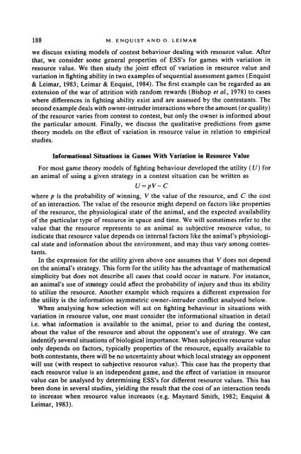 Evolution of Fighting Behaviour: The Effect of Variation in Resource ...