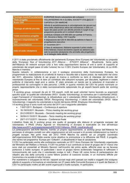 Bilancio Sociale 2011 - CSV Marche