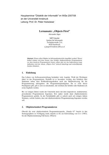 Lernansatz Objects First - Fachgebiet Didaktik der Informatik