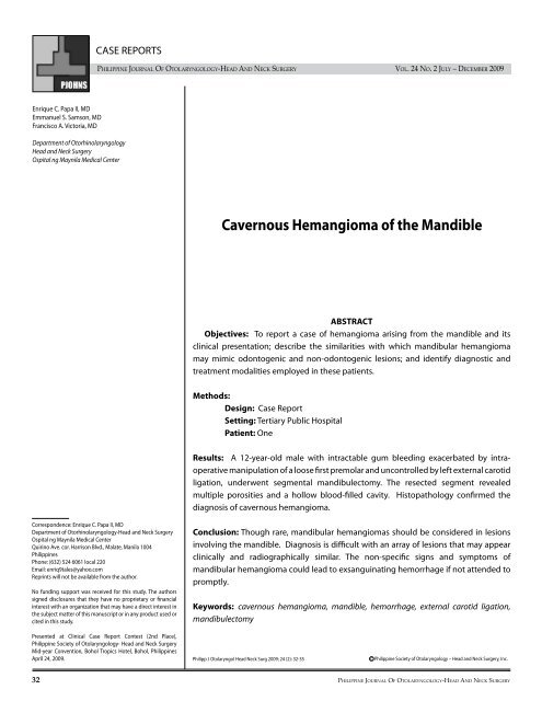 Cavernous Hemangioma of the Mandible Papa EC ... - PSO-HNS