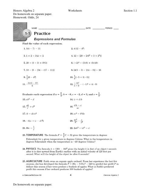 Honors Algebra 2 Worksheets Section 1.1 Do homework on 