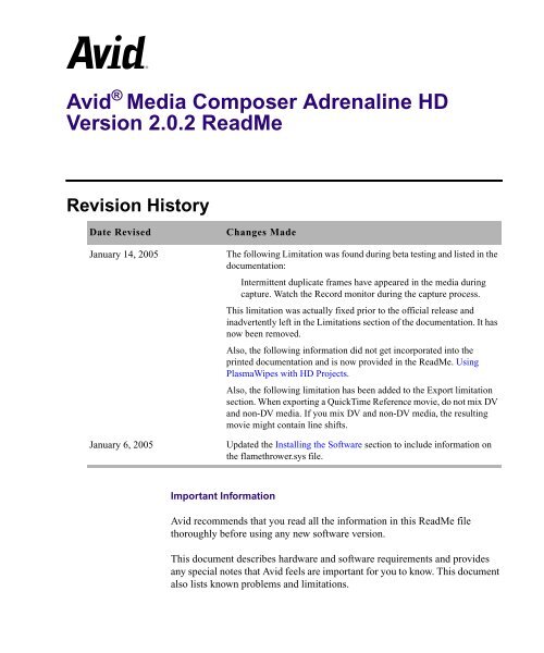 Avid Media Composer Adrenaline Version 2.0.2 ReadMe