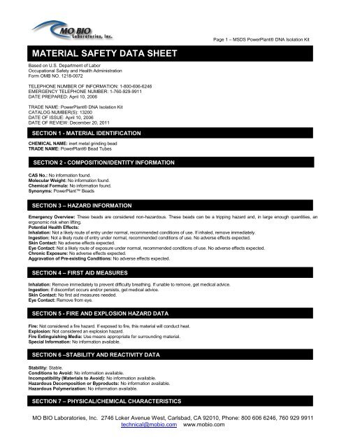 Msds Mo Bio Laboratories Inc