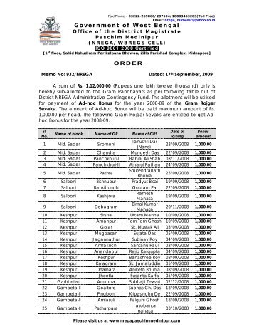 Sub-allotment order to GRS 17.09.09 - nrega, paschim medinipur