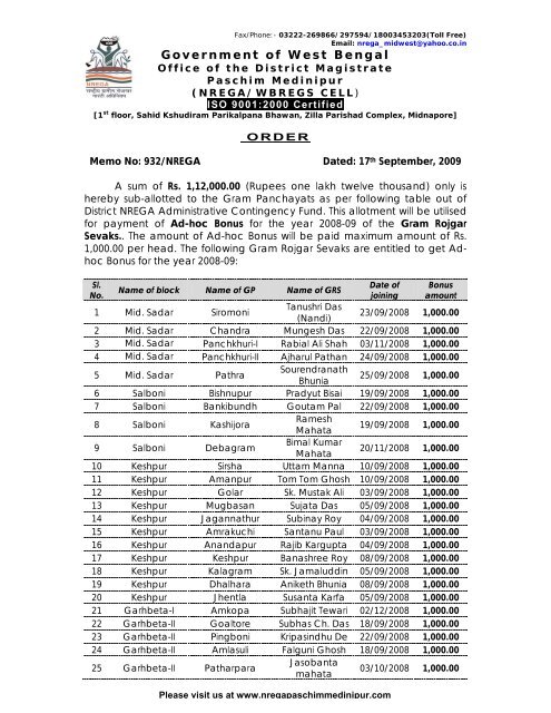 Sub-allotment order to GRS 17.09.09 - nrega, paschim medinipur