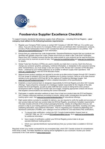 Foodservice Supplier Excellence Checklist - GS1 Canada
