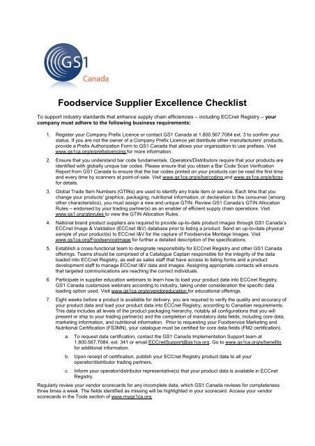 Foodservice Supplier Excellence Checklist - GS1 Canada