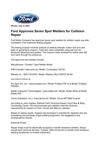 Ford Approves Seven Spot Welders for Collision Repair