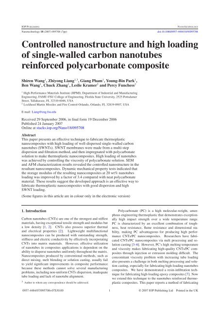 Controlled nanostructure and high loading of single-walled carbon ...