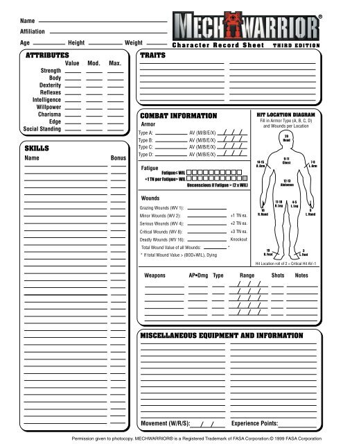 MechWarrior 3rd Record Sheet PDF