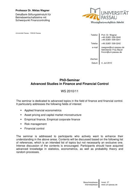 PhD-Seminar Advanced Studies in Finance and Financial Control ...