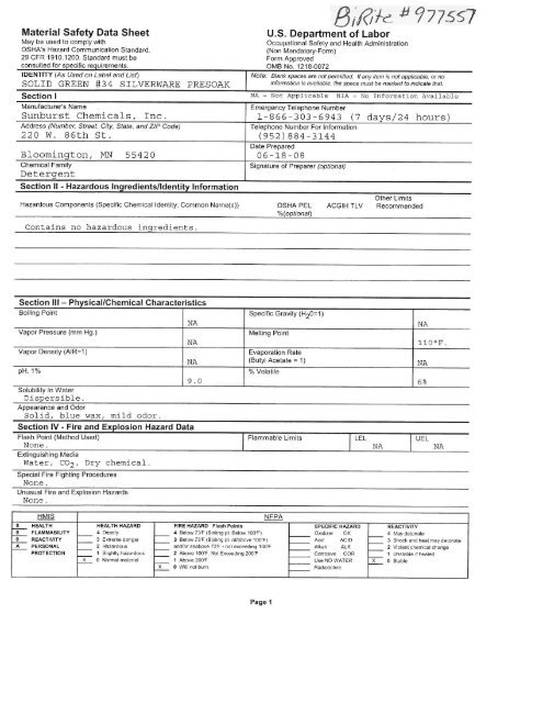 Material Safety Data Sheet - BiRite Foodservice Distributors