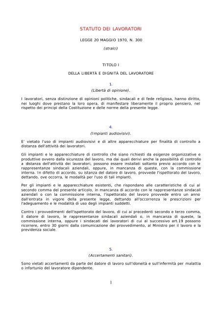 Legge 20 maggio 1970, N. 300. Statuto dei Lavoratori - Gilda Venezia