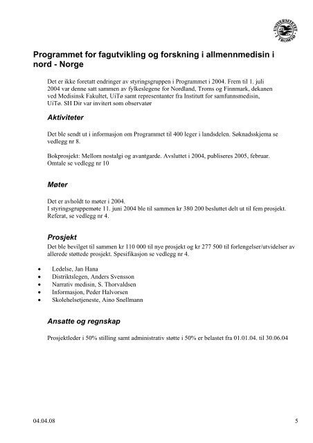 Ãrsrapport 2004 - Nasjonalt senter for distriktsmedisin (NSDM)