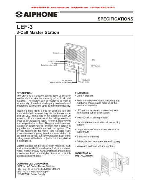 AIPHONE LEF-3 3-Call Master Intercom Station from LEE DAN