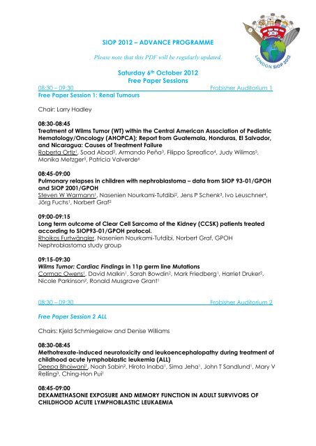 SIOP 2012 â ADVANCE PROGRAMME Saturday 6th October 2012 ...