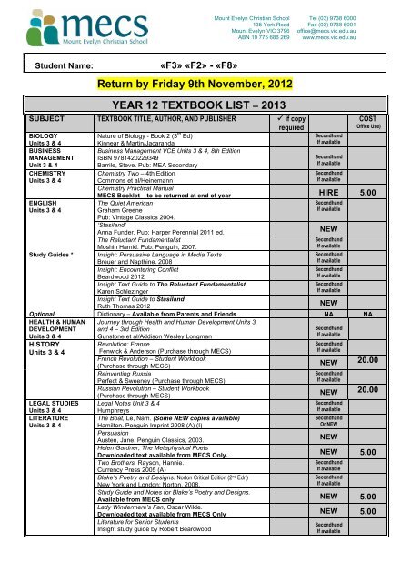 Year 12 Text Book List 2013 - Mount Evelyn Christian School
