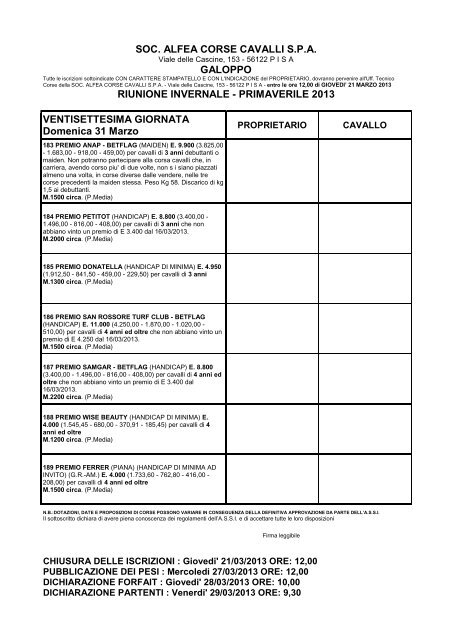 SOC. ALFEA CORSE CAVALLI S.P.A. GALOPPO RIUNIONE ...