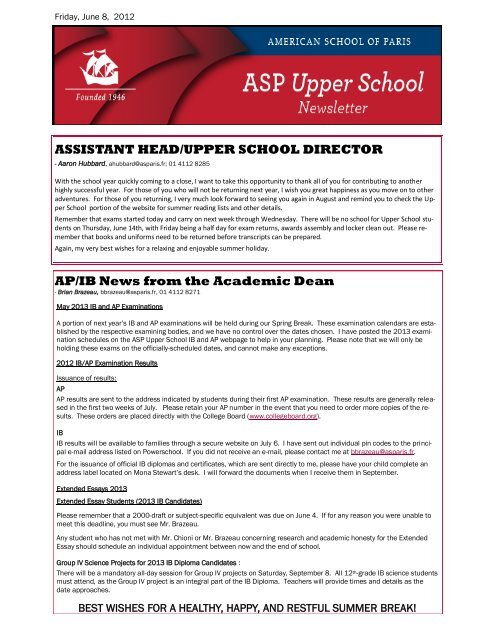 ASSISTANT HEAD/UPPER SCHOOL DIRECTOR AP/IB News from ...