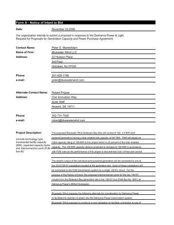 Bluewater Wind Bay Site - Notice of Intent to Bid