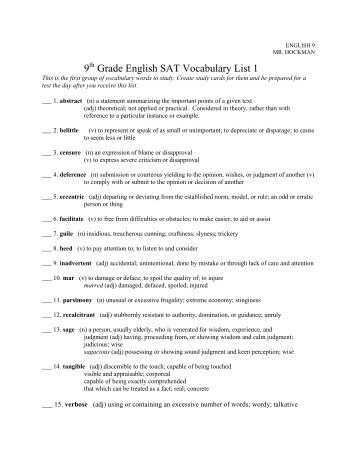 9th Grade Honors English SAT Vocabulary List 1