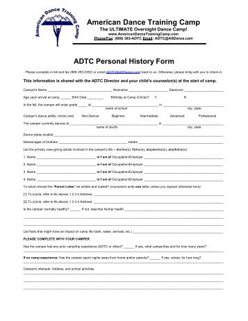 ADTC Personal History Form American Dance Training Camp