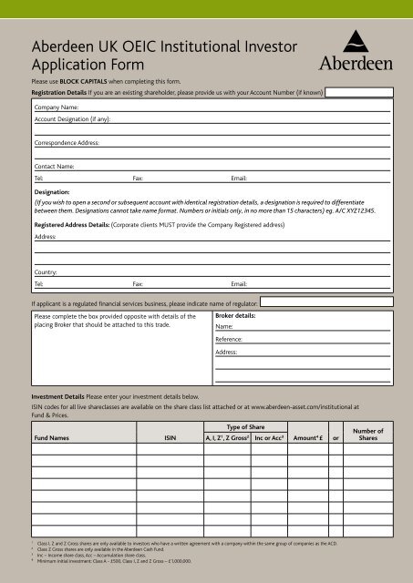 Aberdeen UK OEIC Institutional Investor Application Form