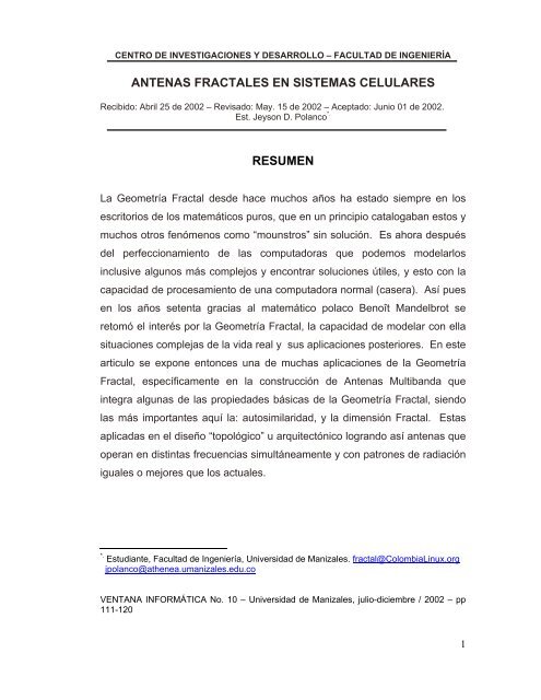 Antenas fractales en sistemas celulares - Universidad de Manizales