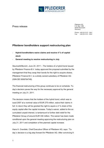 Press release Pfleiderer bondholders support restructuring plan