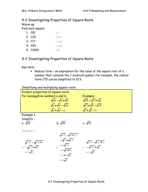 9-2 Investigating Properties of Square Roots notes