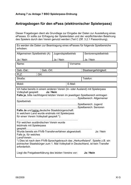 Antragsbogen für den ePass (elektronischer Spielerpass)