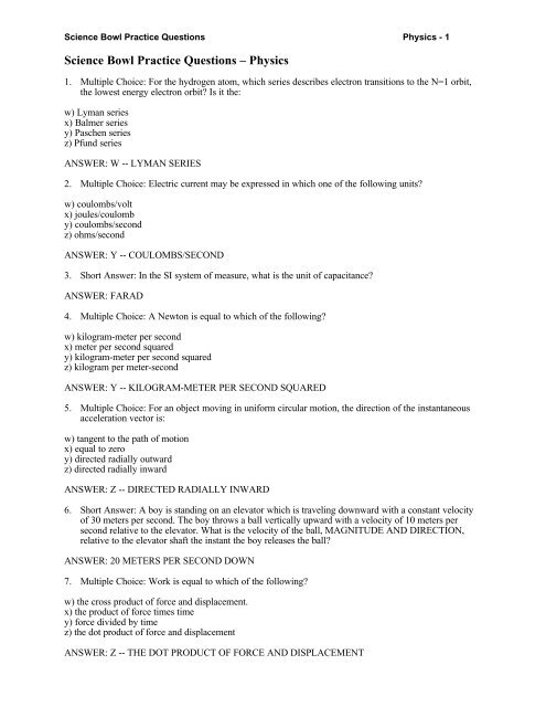 Science Bowl Practice Questions â Physics