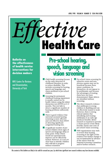 Preschool hearing, speech, language and vision ...