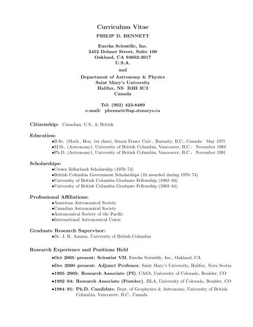 Curriculum Vitae - Astronomy and Physics - Saint Mary's University