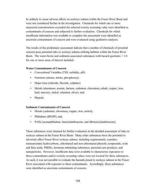 Potential Effects of Contaminants on Fraser River Sockeye Salmon