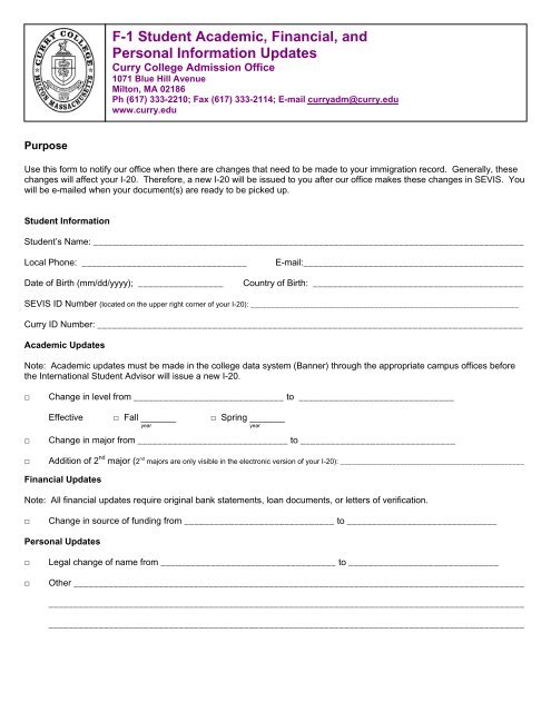 F-1 Student Information Update Form - Curry College