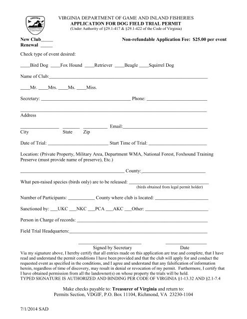 Application for Dog Field Trial Permit - Virginia Department of Game ...