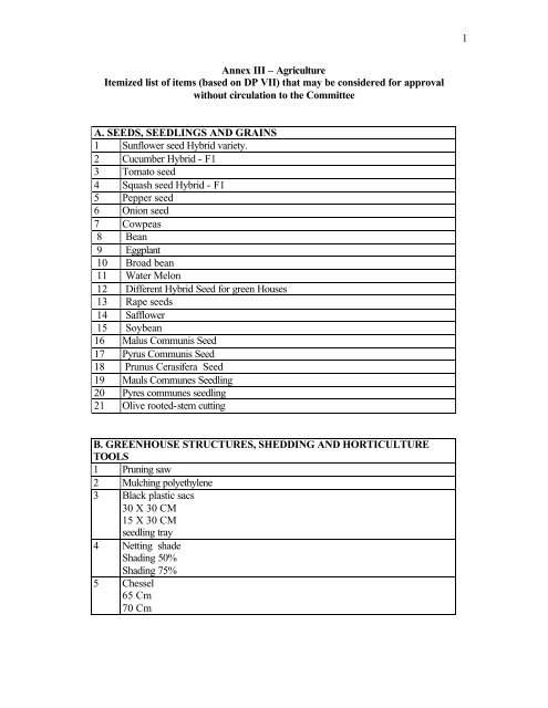1 Annex III â Agriculture Itemized list of items (based on ... - Iraq Watch
