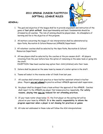 1 2013 SPRING JUNIOR FASTPITCH SOFTBALL LEAGUE RULES