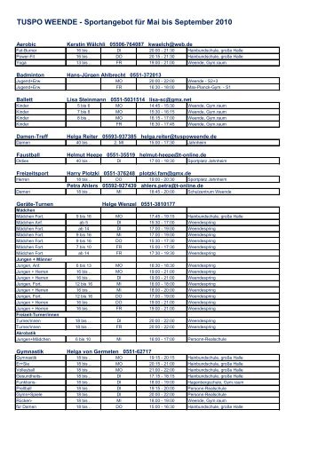 TUSPO WEENDE - Sportangebot für Mai bis September 2010